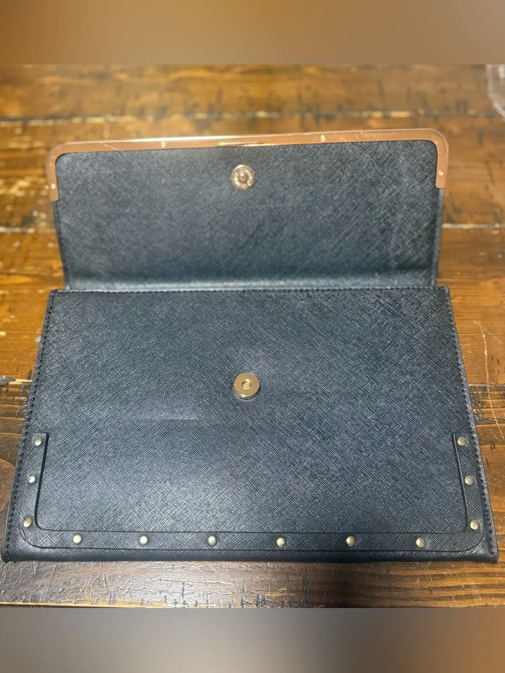 Black Faux Leather Clutch with Gold Hardware, Stud Details & Chain Strap